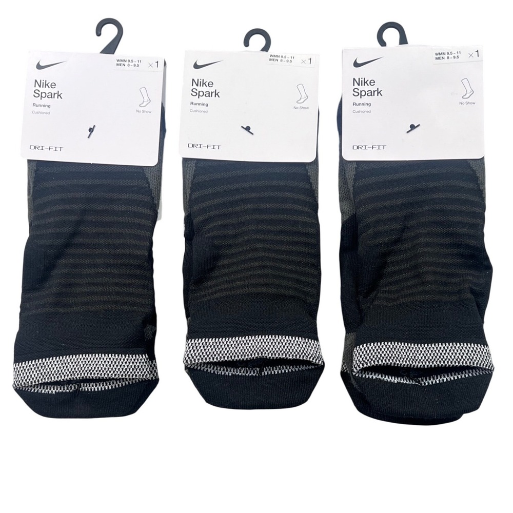3 Pair Nike Spark Running‎ Socks No Show Cushioned Black Grey M 8-9.5 W 9.5-11
